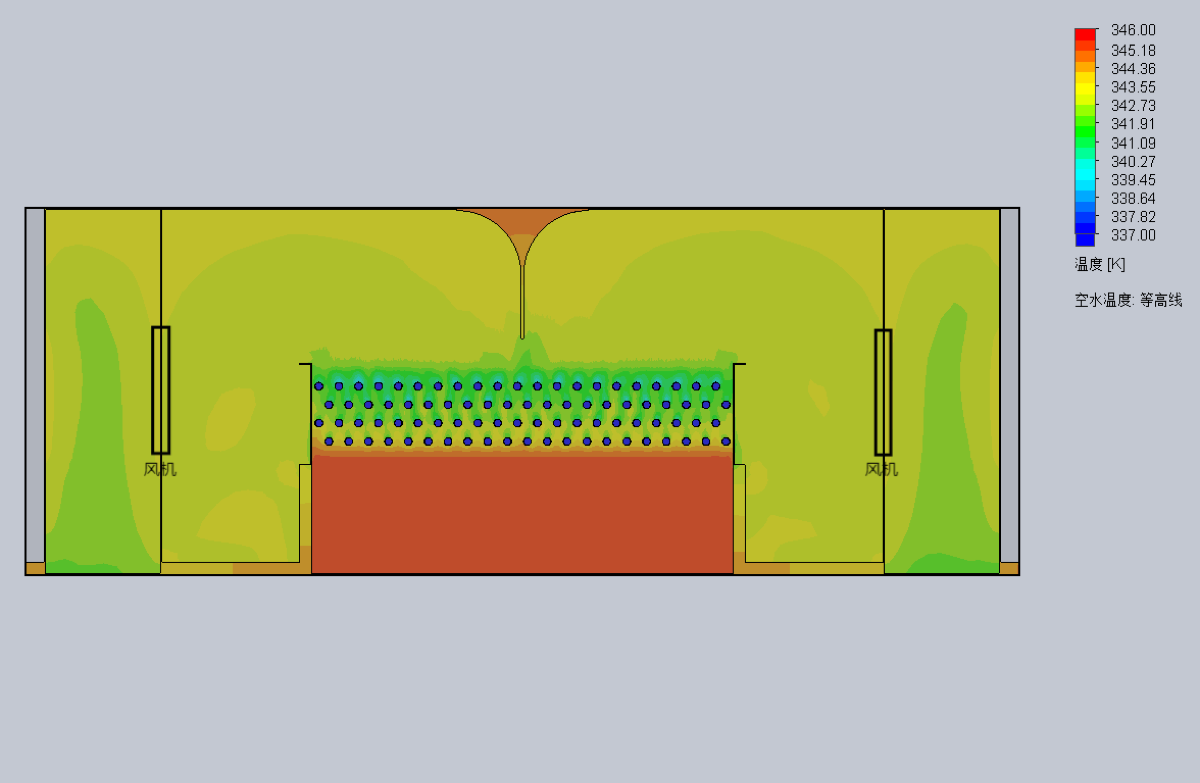 CFD temperature contour of air-water cooler cross-section — thermal field analysis